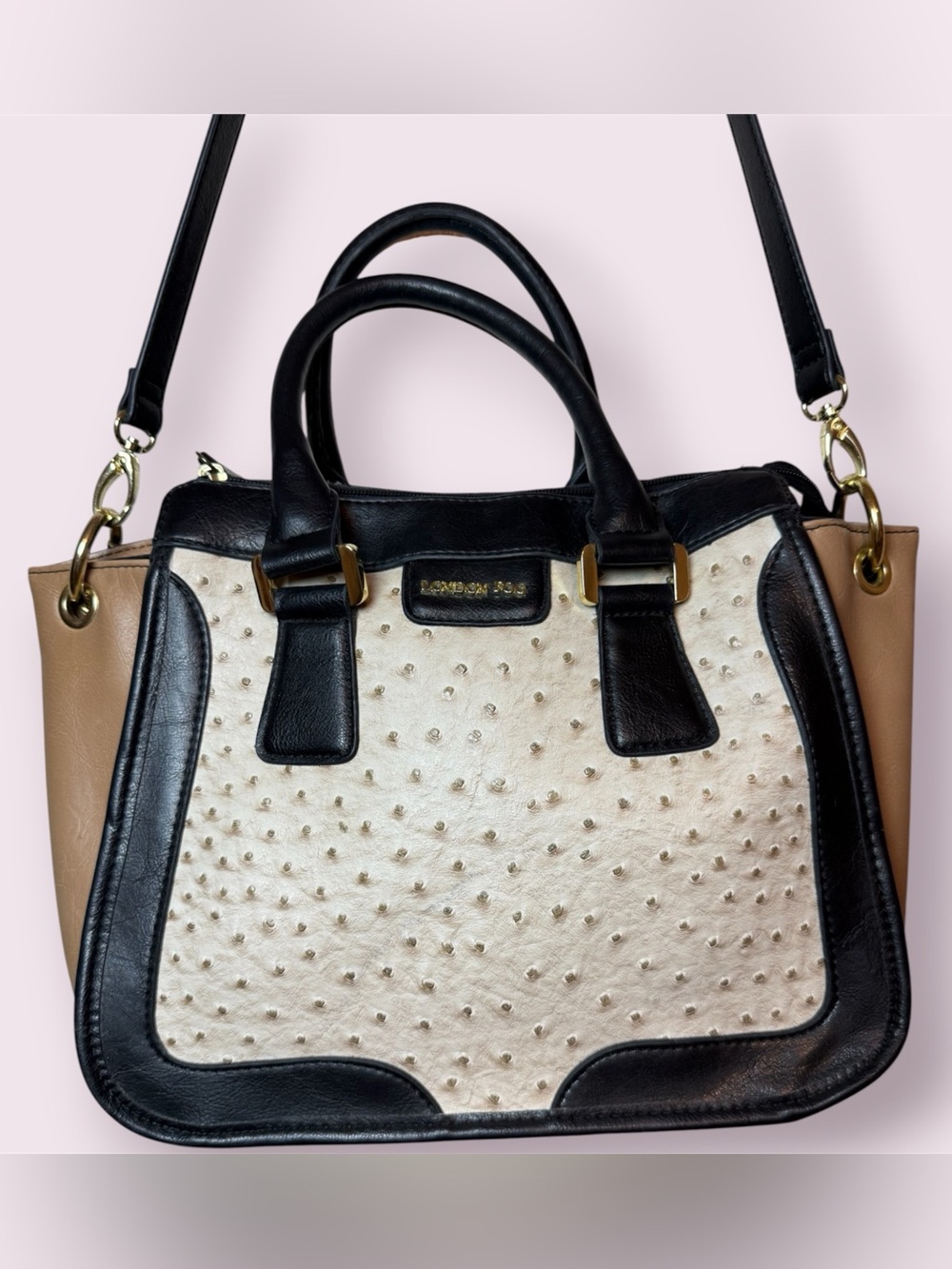 London Fog Faux Ostrich Leather Satchel Crossbody Bag Tri-Color Black/Cream/Tan